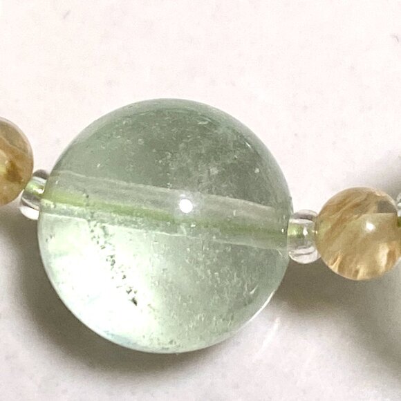 Genuine Green Fluorite & Golden Rutilated Quartz Gemstone Beaded Necklace - Picture 7 of 11
